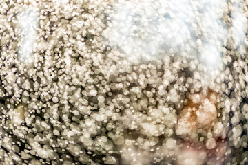 Abstract splashes of water on bokeh background in sunshine. Freeze motion of white particles. Rain, snow overlay texture.