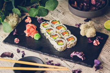 sushi set in menu on black board