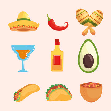 Mexican hat chilli maracas cocktail tequila bottle avocado burrito taco and bowl design, Mexico culture tourism landmark latin and party theme Vector illustration