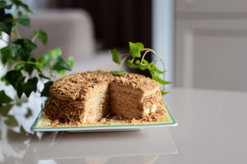 Honey cake. A cup of coffee. Tasty breakfast. A slice of cake with white cream, cream. Honey. Honey recipe.
