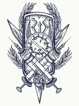 Stop coronavirus. Spartan shield, swords and crossed syringes. Protection of immune system. COVID-19 (2019-nCoV). Old school tattoo style. Combating the world pandemic. Vaccine development