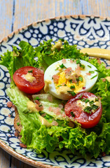 Homemade toasted bread with letucce salad,tomatoes,egg and mustard