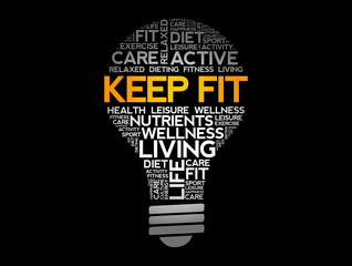 KEEP FIT bulb word cloud, health concept background