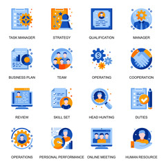 Management icons set in flat style. Headhunting and qualification, online meeting, team cooperation and personal performance signs. Task management and strategy planning pictograms for UX UI design.