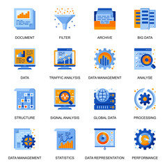Data analysis icons set in flat style. Traffic and signal analysis, big data and database, data structure and representation, filter and optimization signs. Data management pictograms for UX UI design