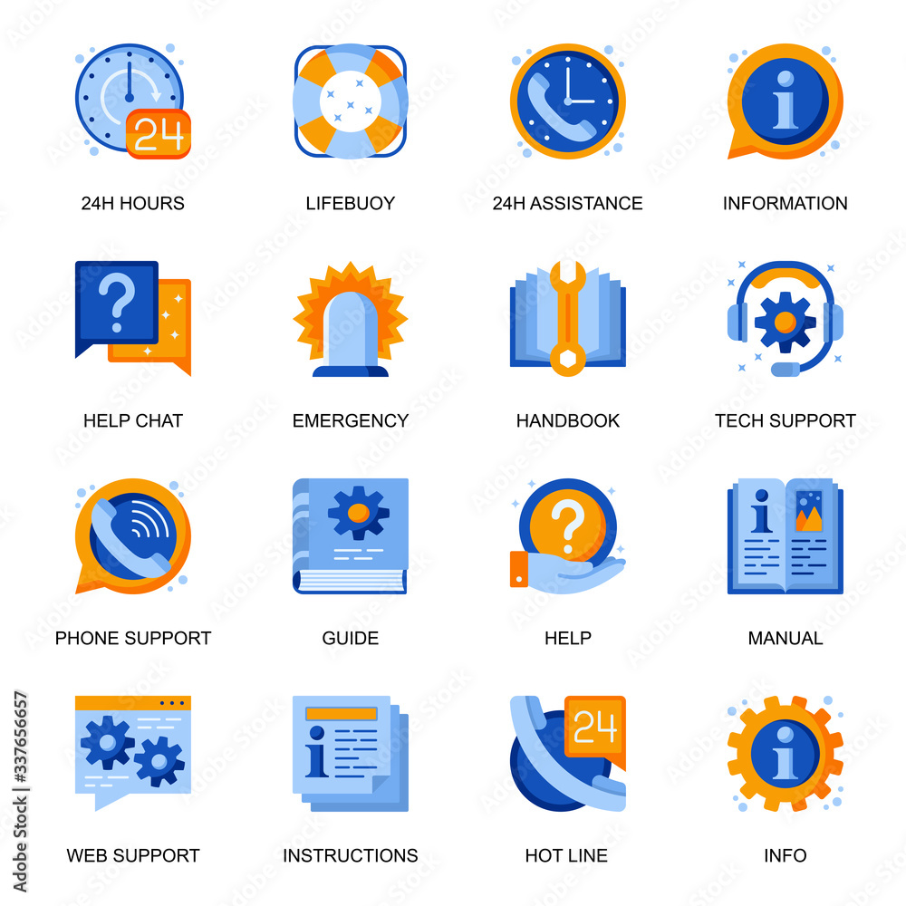 Aufkleber web support icons set in flat style. 24h assistance, help chat, handbook and information, guide and 
