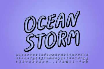 Modern paintbrush alphabet blue violet color Italic font. Uppercase and lowercase letters, numbers, symbols. Vector illustration