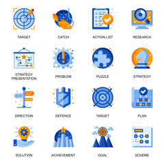 Business strategy icons set in flat style. Strategy presentation, planning and direction, research and targeting, problem and solution signs. Management and marketing pictograms for UX UI design.