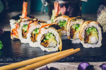 sushi set in menu on black board
