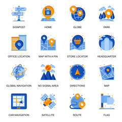 Navigation system icons set in flat style. Headquarter location, route and direction, no signal area, store locator, satellite and pinpointer signs. Global gps navigation pictograms for UX UI design.