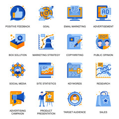 Marketing strategy icons set in flat style. Target audience keywords, public opinion, positive feedback, site statistics, copywriting and research signs. Mail marketing pictograms for UX UI design.