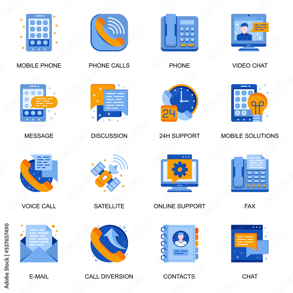 Poster people communication icons set in flat style. video chat, 24h support, messaging and discussion, mob