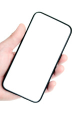 A left man hand holds a black smartphone with a little tilt on a white background. Copy space
