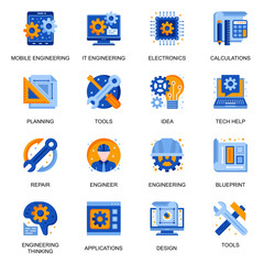 Modern engineering icons set in flat style. Electronic solution, idea generation, design and development, business planning and calculation signs. Mobile and IT engineering pictograms for UX UI design