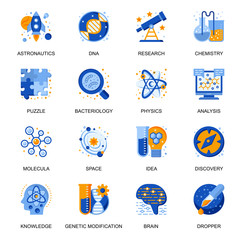 Science research icons set in flat style. Astronautics, chemistry, bacteriology, physics, genetic modification and DNA analysis, knowledge signs. Scientific industry pictograms for UX UI design.