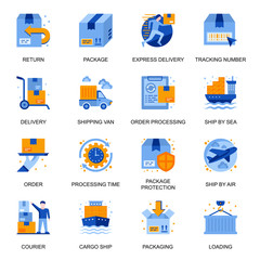 Delivery service icons set in flat style. Order and shipping, tracking number, processing time, return, package protection, ship by air and sea signs. Express delivery pictograms for UX UI design.