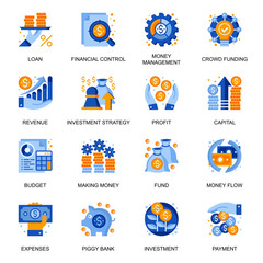 Financial management icons set in flat style. Money flow, crowdfunding, piggy bank, revenue and loan, capital, fund and budget, making money signs. Investment strategy pictograms for UX UI design.