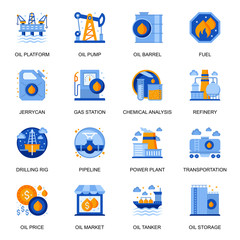 Oil industry icons set in flat style. Oil platform and pump, chemical analysis, power plant and pipeline, tanker transportation, drilling rig signs. Fuel production pictograms for UX UI design.