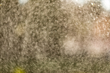 Abstract splashes of water on bokeh background in sunshine. Freeze motion of white particles. Rain, snow overlay texture.
