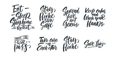  Set Handwritten quotes, vector brush lettering, quarantine concept.