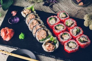 sushi set in menu on black board