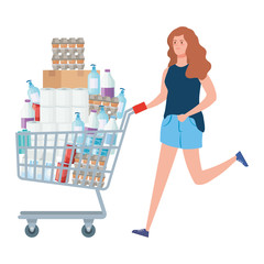 woman and cart shopping with excess groceries vector illustration design