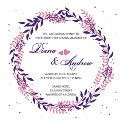 Vector floral frame. Round frame made of twigs. Card, template for wedding invitation. Delicate background of dot, flowers and leaves.