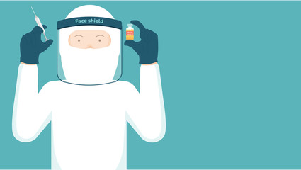 people in protective suit white with syringe and vaccine bottle in hand , face shield. Illustration about protection covid-19 with treat item.