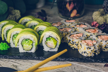 sushi set in menu on black board
