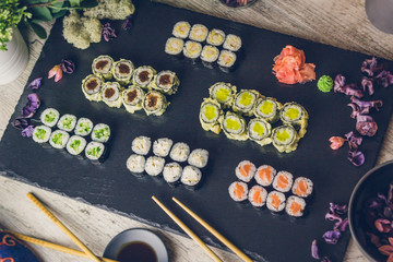 sushi set in menu on black board