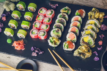 sushi set in menu on black board