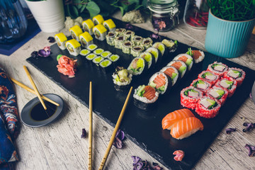 sushi set in menu on black board