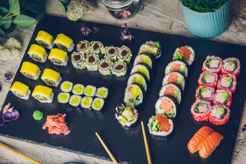 sushi set in menu on black board