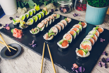 sushi set in menu on black board