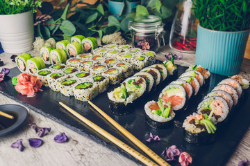 sushi set in menu on black board