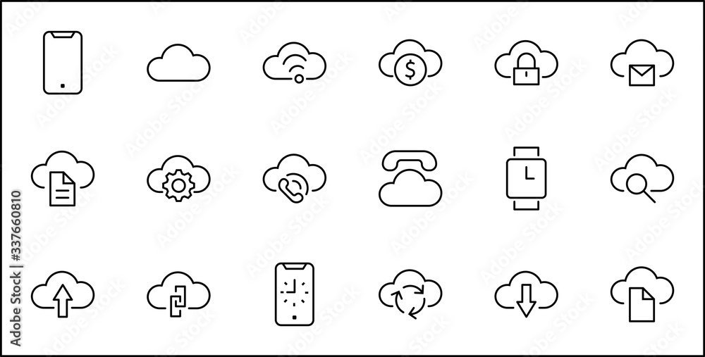 Poster set of cloud vector line icon. it contains symbols to upload, download, link and more. editable stro