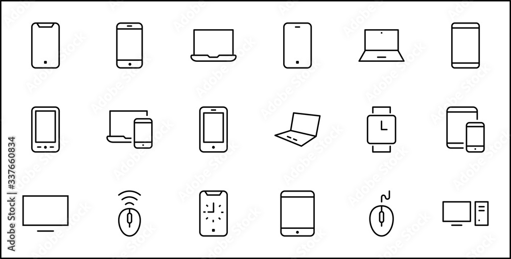 Poster set of smart devices and gadgets, computer equipment and electronics. electronic devices icons for w
