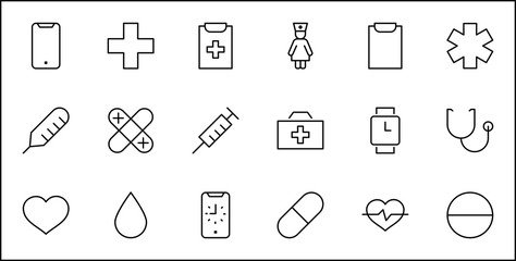 Set of Medicine vector line icons. It contains the first aid kit, nurse, syringe, thermometer, plastic, pills, heart, drop of blood, palpitation and much more. Editable Stroke. 32x32 pixels.