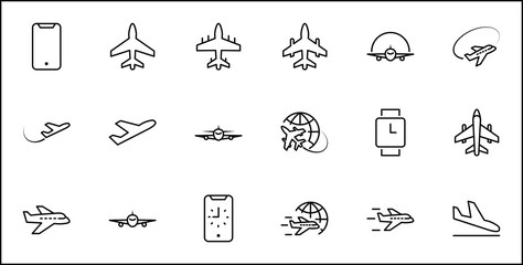 Obraz premium Set of Plane vector line icon. It contains symbols to aircraft, globe and more. Editable Stroke. 32x32 pixels.