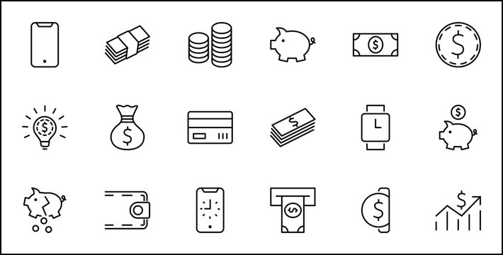 Set of Money Related Vector Line Icons. Contains such Icons as Money Bag, Piggy Bank in the form of a Pig, Wallet, ATM, Bundle of Money, Hand with a Coin and more. Editable Stroke. 32x32 Pixels.