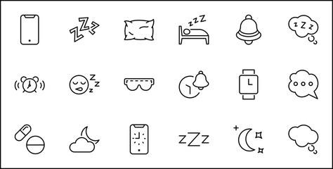 Sleep Vector Line Icons Set. Contains such Icons as Alarm Clock, Bed, Insomnia, Pillow, Sleeping Pills, Bell, Glasses for sleep, Bubble and more. Editable Stroke. 32x32 Pixels