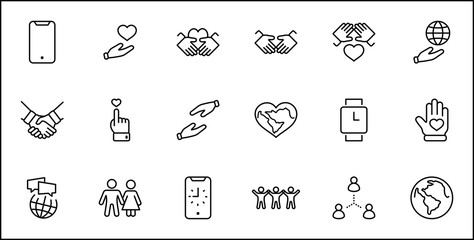 Fototapeta na wymiar International Day of Human Solidarity Line Vector Icons Set. Contains such Icons as Handshake, Heart, planet Earth, helping Hand, People and more. Editable Stroke. 32x32 Pixels