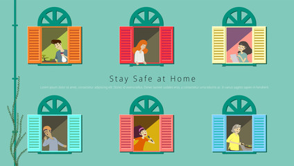 People staying at home in apartment building, open windows show neighbors living, cooking, singing, work from home