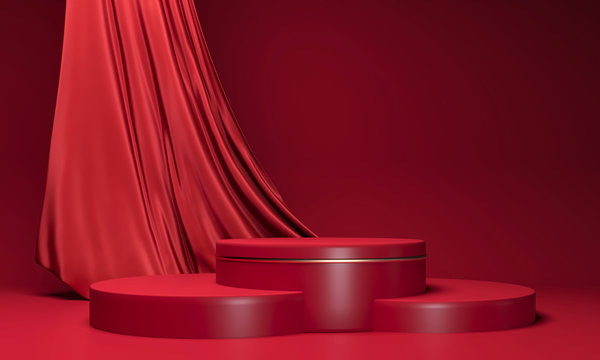 Round Podium On Dark Red Background. Elegant Silk Fabric Flow, Falls To Surface. 3d Render Illustration. Empty Pedestal, Stand For Mockup Products. Copy Space On Delicate Red Luxurious Satin 