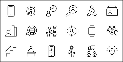Set of Head Hunting Related Vector Line Icons. Contains such Icons as Career growth, Bulb, Candidate, Search, CV, Card Index, Outsource and more. Editable Stroke. 32x32 Pixels