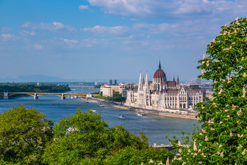 Obraz premium Widok parlamentu Budapesztu i Dunaju z góry