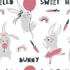 Vector color hand-drawn repeating seamless childish pattern with cute bunny girls princesses, carrots, lettering and rainbow in Scandinavian style on a white background. Cute baby animals.  © ZHUKO