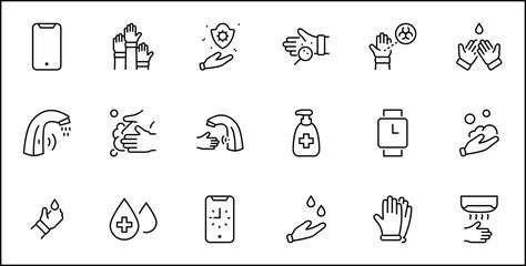 Set of Washing Hands Vector Line Icons. Contains such Icons as Coronavirus, Contactless Water Tap, Antiseptic, Washing Instruction, Hand Dryer, Soap and more. Editable Stroke. 32x32 Pixels.