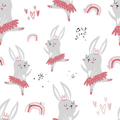 Vector hand-drawn colored seamless repeating children pattern with cute dancing bunnies ballerinas princesses with a crown in the Scandinavian style on a white background. Cute baby animals. © ZHUKO