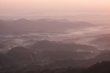 Fototapeta premium Zmierzch, wschód słońca i morze mgły o poranku w górach północnej Tajlandii, w porze deszczowej.